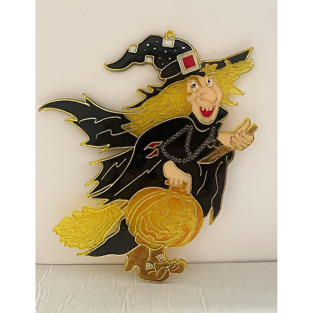 Vintage 1970s Amscan Halloween Suncatcher Witch Plastic Faux Stained Glass.